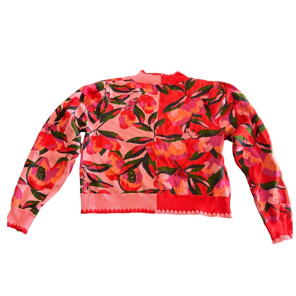 Farm Rio Red Pink Tropical Papaya Floral Knit Scalloped Cardigan Sweater Medium - Picture 5 of 6